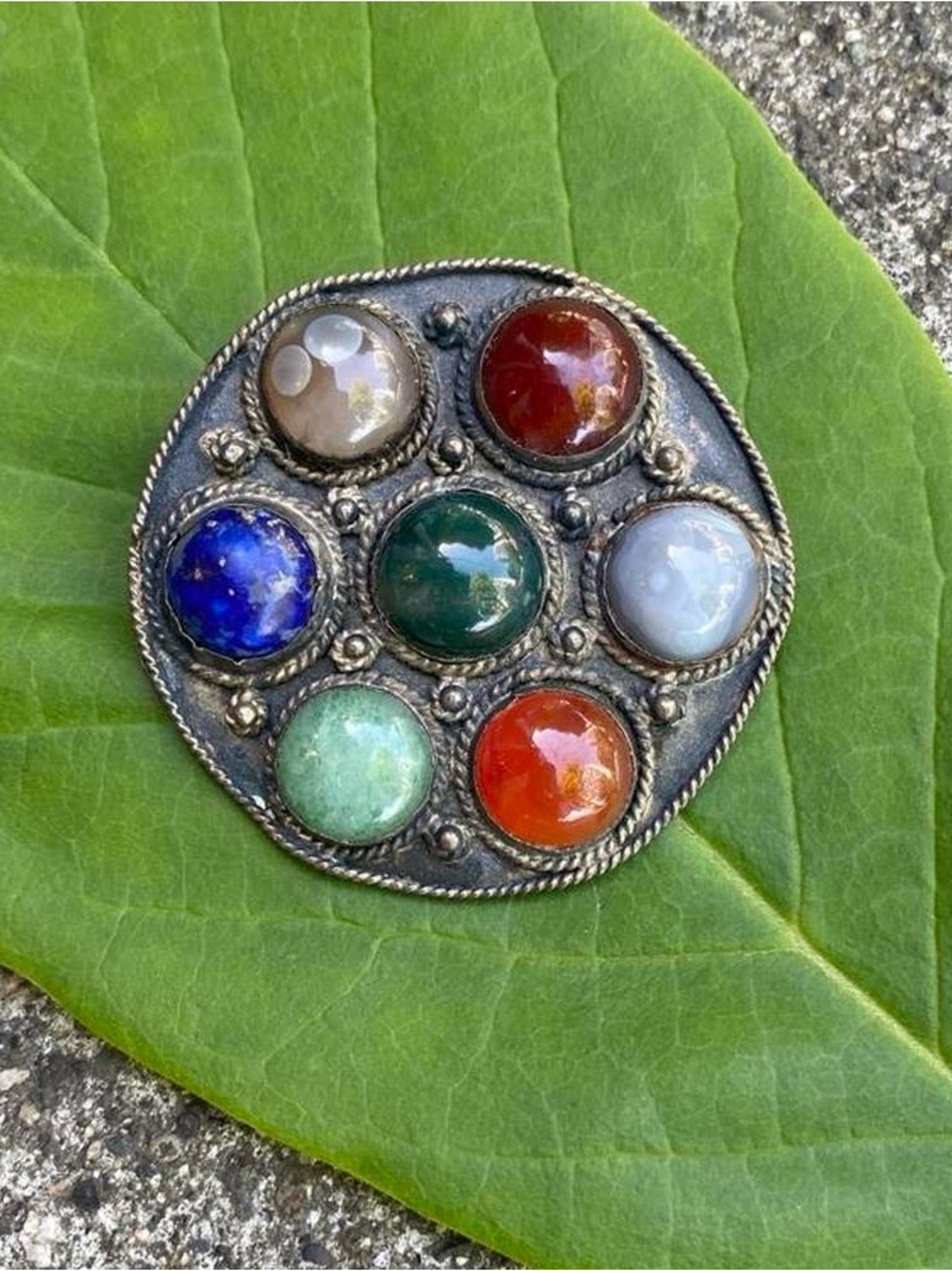 Vintage Handmade Silver Gemstone Brooch Pin